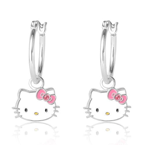 Image of Hello Kitty Womens Hoop Earrings - Sterling Silver and Enamel Hello Kitty