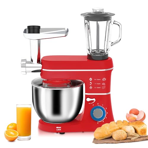 Robot de Cocina Multifuncion 5 en 1,Batidora Amasadora con Función Picadora de Carne y Batidora,10L Tazón de Acero Inoxidable,1,5L Jarra, 6 Funciones de Regulación y Pulse,Kit de Accesorios,Red