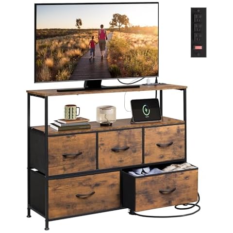 WLIVE Dresser TV Stand, Entertainment Center with Fabric Drawers Cover