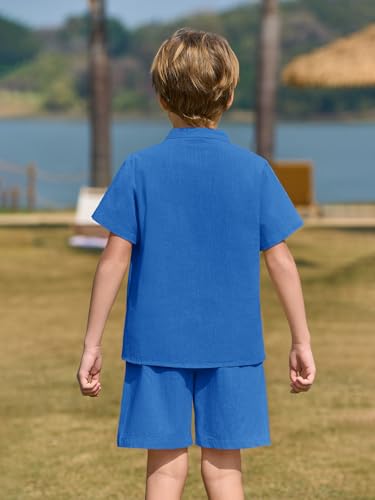 Image of Haloumoning Boys 2 Piece Cotton Set Kids Casual Henley Shirts Short Sleeve Beach Shorts Summer Outfits 5-14 Years