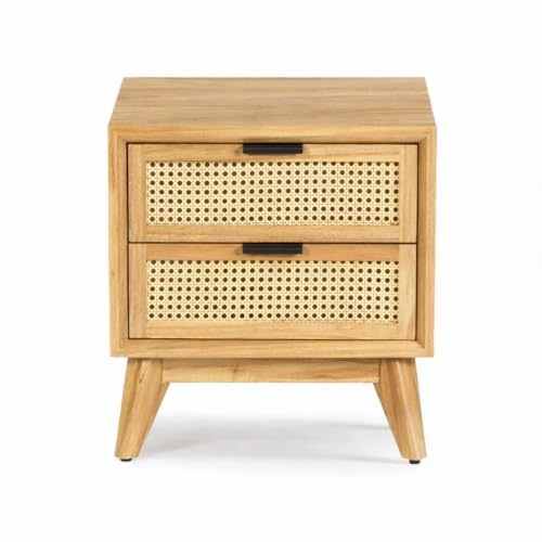 Image of Solid Wood Bedside Table with Cane Rattan Drawer Design | Modern Wooden Nightstand with 2 Storage Drawers for Bedroom & Living Room | Natural Finish