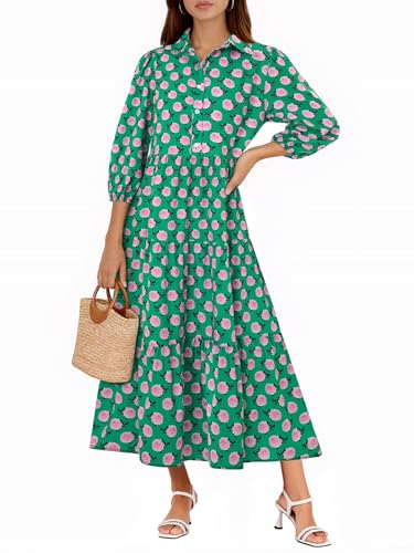 Image of Wenrine Womens Casual 3 /4 Sleeve Shirt Dress Button Down V Neck Tiered Collared Flowy Maxi Dress