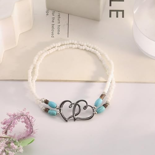 Image of Elastic Beaded Ankle Bracelets for Women Double Heart Layered Stretch Ankle Bracelets Waterproof Dainty Boho Beaded Anklets for Summer Beach Foot Jewelry
