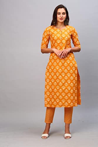 Image of GoSriKi Women's Cotton Blend Printed Straight Kurta With Pant