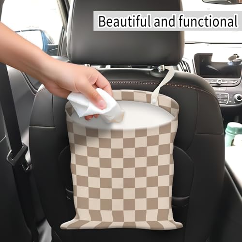 Image of Car Trash Can, Hanging Garbage Bin for Men and Women, Cute Car Organizer and Storage Bag, Canvas Vehicle Trash Can Bag Easy-to-Install Cute Checkboard