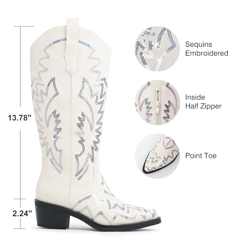 Cowboy Boots For Women Classic Sequin Embroidered Mid Calf Western Cowgirl Boots with Chunky Block Heel and Pointed Toe4