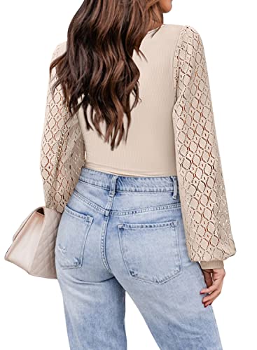 DOROSE Square Neck Tops for Women Ribbed Lace Long Sleeve Shirts Blouses Solid Cream XXL - Thumbnail 4