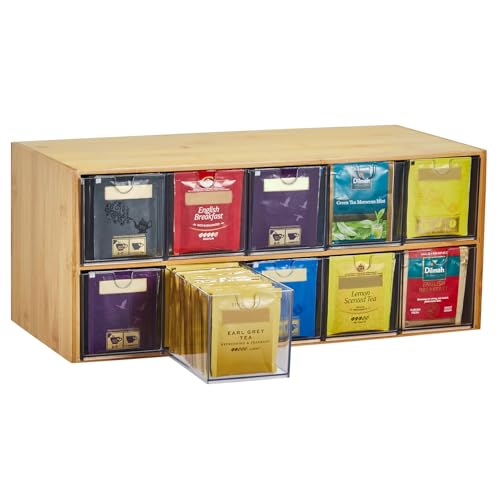 KAMJUNTAR Bamboo Tea Bag Organiser, Wood Tea Box Tea Bag Storage, 2 Tier Vertical Tea Caddy, for Cupboard Organizers, Tea Holder Organizer for Tea Bags Countertop Office Kitchen Cabinet Pantry