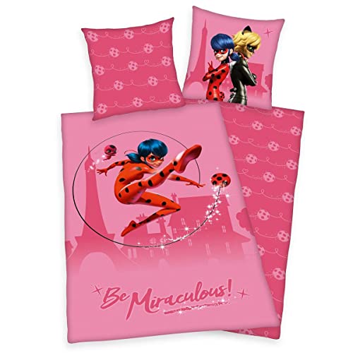 Herding Miraculous Bettwäsche-Set Wendemotiv Kopfkissenbezug 80 x 80 cm Bettbezug 135 x 200 cm Mit leichtläufigem Reißverschluss Baumwolle/Renforcé Pink