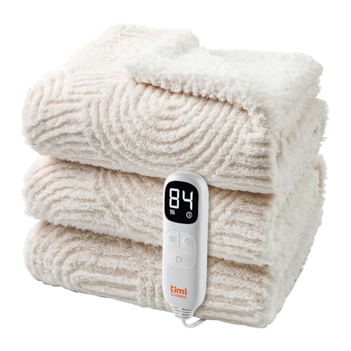 TiMiCalda Heated Blanket Electric Throw - 130x180cm Electric Blanket with 4 Heat Levels & 10 Hours Auto-Off, Jacquard Fleece, Overheating Protection, Warm Gifts,Machine Washable, Cream