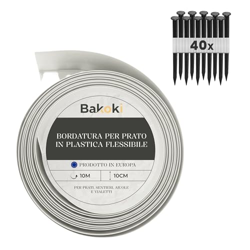 BAKOKI Bordo flessibile per prato (10 m, 40 ancoraggi a terra, altezza 10 cm, in plastica bianca, resistente alle intemperie, bordatura per aiuole, bordo rotondo