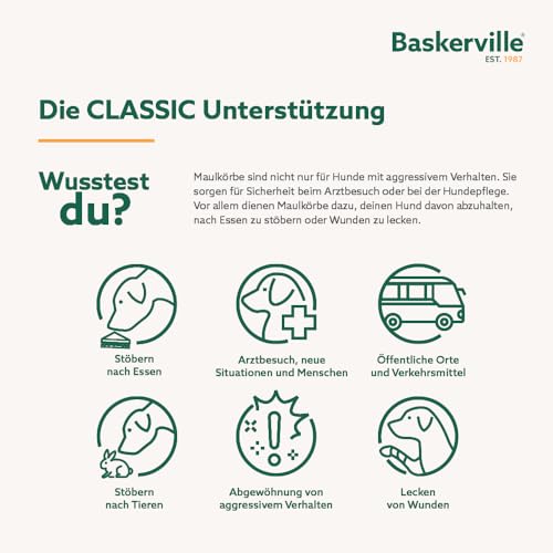 Baskerville Classic Maulkorb - Gestattet Hecheln und Trinken, verhindert Beißen und Stöbern nach Essen, passend für Hunde mit langen Nasen, Trainingsmaulkorb für mittelgroße Hunde (Größe 6)
