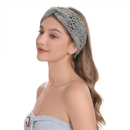 ZLYC Women Headband Handmade Crochet Boho Hair Band,Twist Knotted Gray