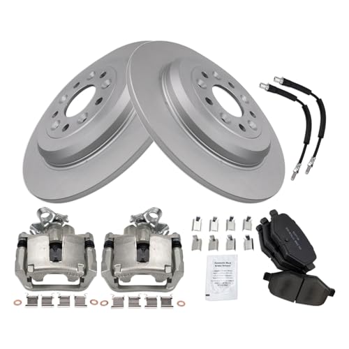 Image of TRQ Rear Brake Pad and Rotor Set Semi Metallic Coated Rotors Calipers Compatible with 2015-2018 Ford Flex Lincoln MKT