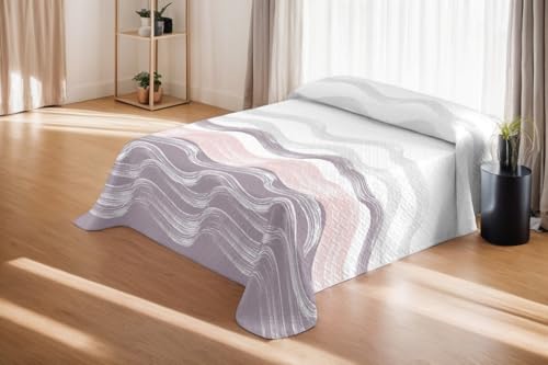 BESCH Colcha Boutis para Primavera y Verano Reversible Estampado Muy Fina Ligera 230x260cm - Colcha Ligera Fina Entretiempo para Cama 135 (Estampado Ondas Rosa)