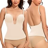 Slimers Backless Plunge Push Up Bra: Low Back Bras for Deep V Neck - Women Low Cut Shapewear Tops for Women Beige