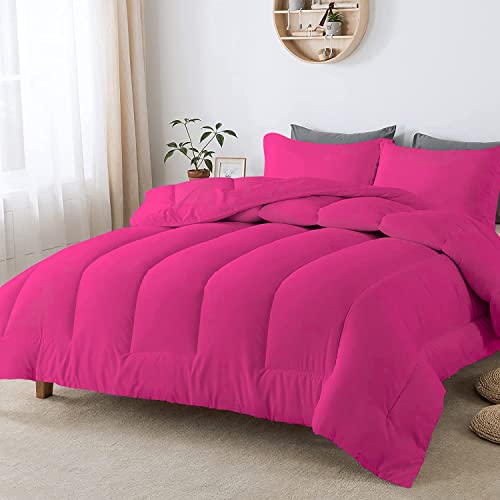 D.N.G BEDDINGS 5 Piece Straight Line Pattern Comforter Set, 100% Egyptian Cotton, 800 Thread Count, King/California King Size Hot Pink Solid