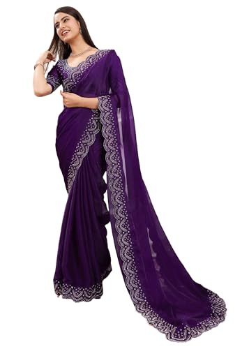 Sari traditionnel en mousseline soie et velours artisanal 11558