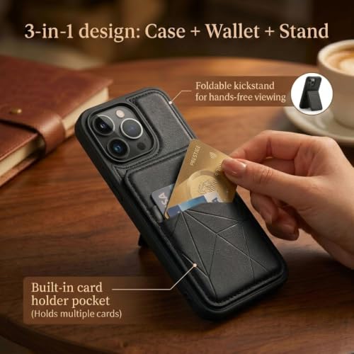 Image of amazon basics Premium Vegan Leather Back Cover with Card Holder and Integrated Mobile Stand for iPhone 14 Pro Max - Slim Shockproof Wallet Case with Geometric Stitching [Black]