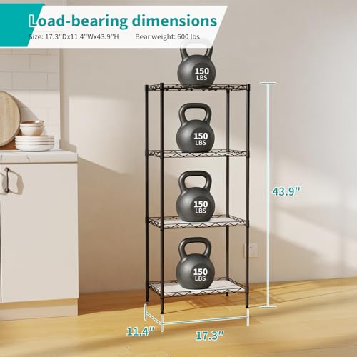 Image of BestOffice | 4-Tier Wire Storage Shelves | 12 inchD x 18 inchW x 44 inchH | Black | with Adjustable Racks PP Liners | Compact Metal Shelf, Holds Upto 600 lbs | Ideal for Kitchens Closets Bathrooms Small Corners