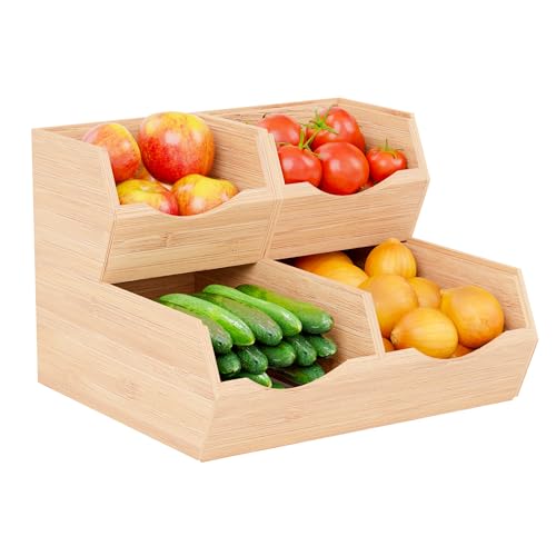 Mathbetock Obst- und Gemüseaufbewahrung aus Bambus 3-teilig Stapelbare Vorratsboxen mit Ausziehfunktion für Küche und Speisekammer