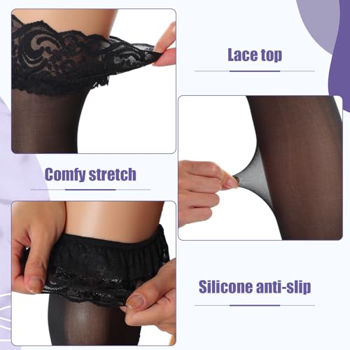 JaGely 4 Pairs of 3 XL Plus Size Thigh High Stockings Black White Nylon Lace Top Silky Pantyhose Semi Sheer Plus Size Hosiery for Women for Thick Thighs3
