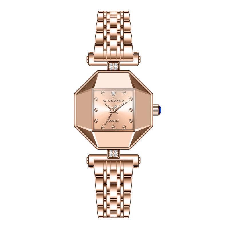 Giordano Dress Watch for Women – Rose Gold Finish, Diamond Accented Octagonal Dial & Stainless Steel Strap