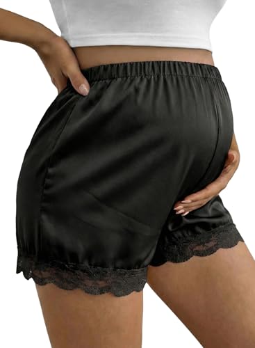 BLENCOT Maternity Shorts for Women Casual Summer Satin Lace Trim Beach Vacation Pregnancy Clothes Fashion 2026 Black X-Large