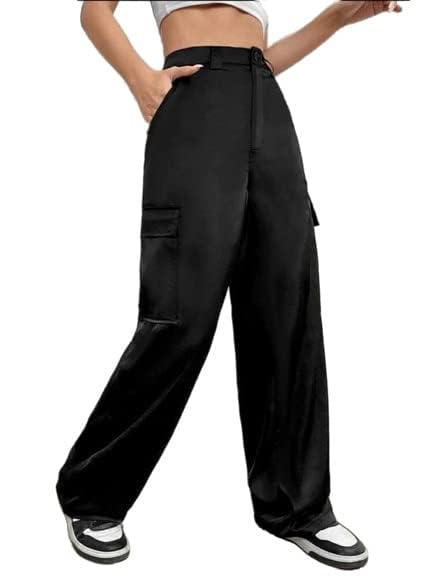 Image of Broadstar Women Black Wide Leg Loose Fit Cargos Trousers(TR 8047)