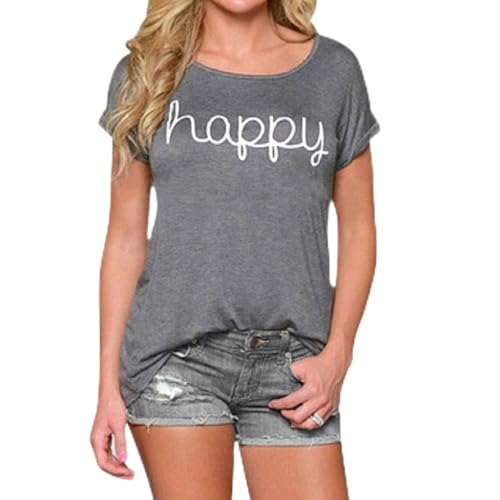 Lowpricenice 2016 Women Loose Happy Printing Short Sleeve Blouse Casual Vest Tops T-Shirt (L)