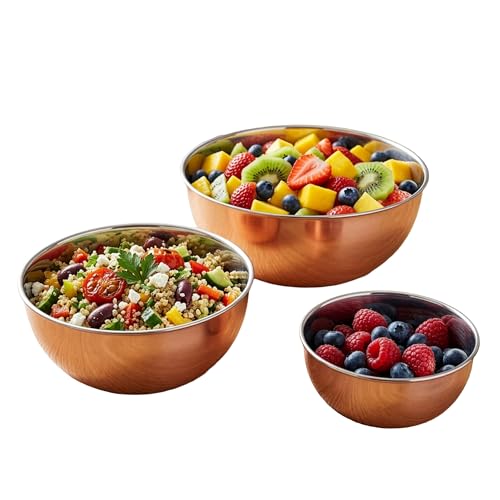 Kings County Tools three-piece copper mixing bowl set nested — shows the copper exterior against a stainless steel interior