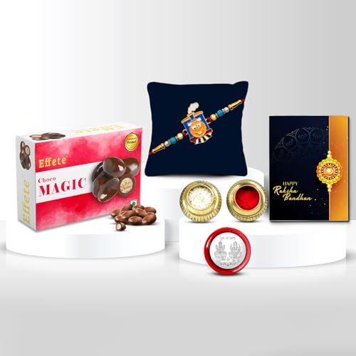 Image of DeoDap Cute Train Engine Thread Rakhi Kids with Chocolate, Silver Pooja Coin, Tilak Set, Greeting Card - Rakhi Gift for Brother