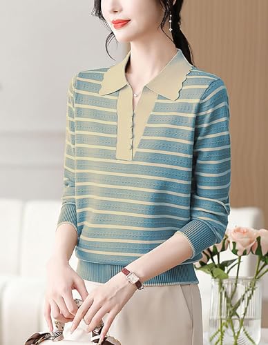 Womens Polo V Neck Striped Sweaters Long Sleeve Layered Look Knitwear Pullover Tops2