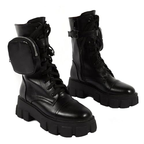 GUNIYIFS Women Combat Boots Black Platform Ankle Boots for Women Lug Sole Lace up Mid Heel Motorcycle Boots High Tops Booties