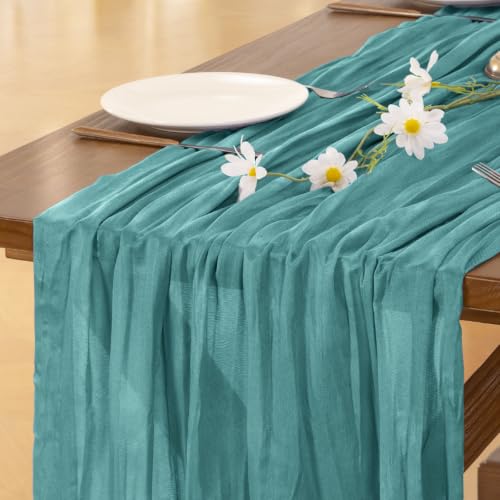 Image of Socomi 10pcs Teal Blue Cheesecloth Table Runner Boho Rustic Gauze 120 inch 10FT Cheese Cloth Sheer Runner for Wedding Party Baby Shower Birthday Home Decor Holiday Decorations
