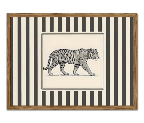 Vintage Tiger Wall Art Wildlife Wall Decor Pictures Black and White Stripe Jungle Animal Poster Canvas Painting Print for Bedroom Living Room Bathroom 12x16 inch Wood Framed