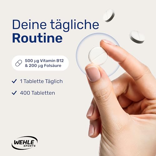 Vitamin B12 hochdosiert - 400 Tabletten mit 500µg Vit B12 + 200µg Folsäure - zertifiziert Laborgeprüft - Vegan & Produziert in Deutschland - Verpackung kann variieren