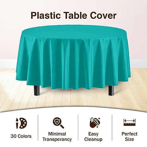 Image of Party Solids Teal Round Plastic Tablecloth - 84 Inch, Pack of 24
