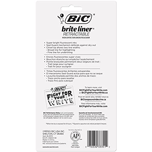 Bic Brite Liner Retractable Highlighter, Chisel Tip, Yellow, 5-Count #TOP1