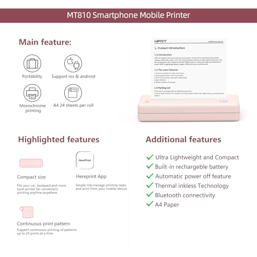 HPRT Portable Printers Wireless for Travel MT810 Bluetooth Thermal Inkless Compact Printer