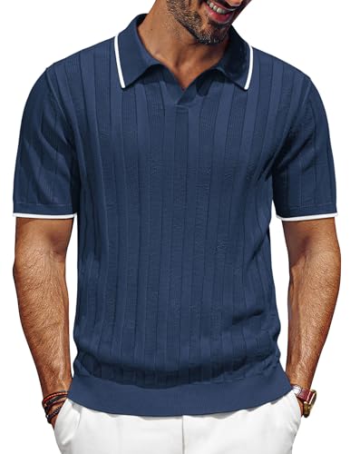 PJ PAUL JONES Men's Lightweight Soft Polo Shirt Smart Casual V Neck Shirt for Meeting Navy Blue