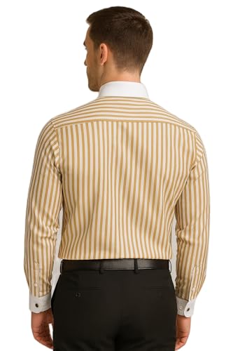 Image of Men's Premium Cotton Formal Dress Shirt - White Collar & French Cuffs with Cufflinks | Solid White, Micro Check & Striped for Office, Wedding