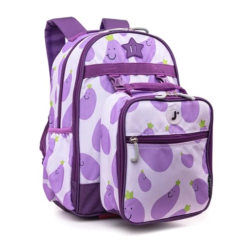 J World Duet Kids Backpack & Lunch Box Set For Boys & Girls Pre-K to Elementary School, Mr Eggplant