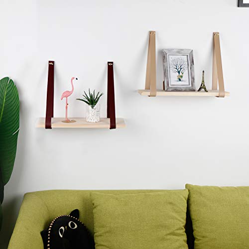 Yoyai Leather Strap Wood Floating Wall Shelf Wooden Shleves Wall Organizer Wall Mount Shelf Home Decor Kitchen Living Room Bedroom（Beige Set Of 2） #TOP5