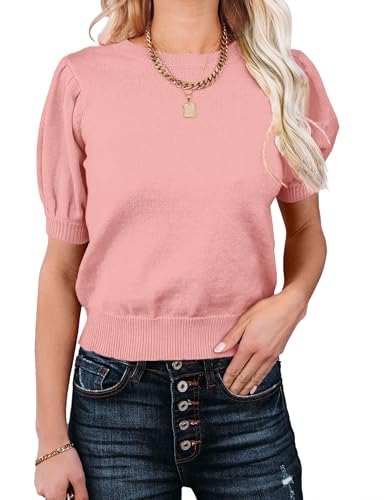 Image of Womens Puff Short Sleeve Sweater Tops Crewneck Basic Knit Pullover Lightweight Casual Sweaters