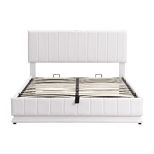 Tilly Lin Queen Size Upholstered Bed with Hydraulic Storage System and LED Light, Modern Platform Bed with Sockets and USB Ports, White
