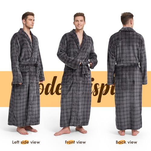 Men's Fleece Plush Bathrobe Full Length Big and Tall Shawl Collar Plaid Men Robe(Grey&Black, 7XL)2