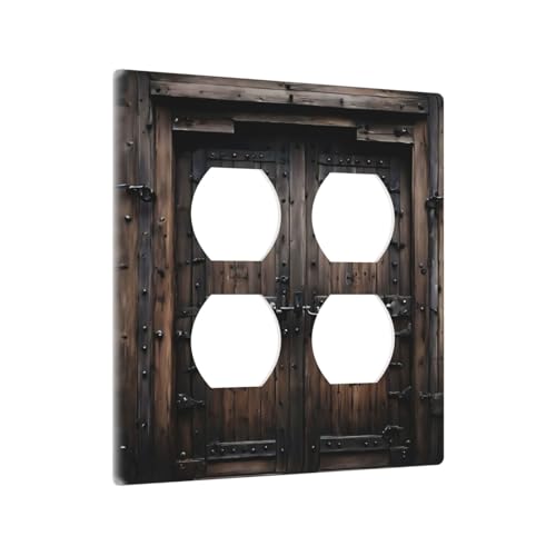 Decorative Outlet Covers Retro Brown Wood Barn Door Vintage Farmhouse 2 Gang Wall Plate Cover Double Duplex Receptacle Two Switch Light Switch Cover Plate Faceplate