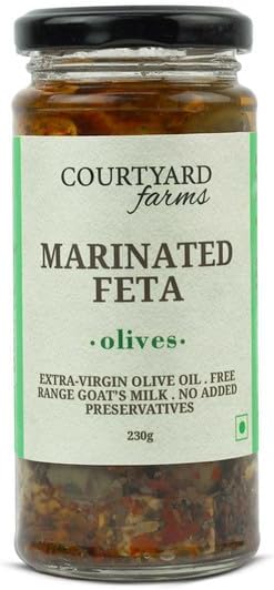 Farms Marinated Feta Dressing | Ready to Use | Goat Milk Feta with Pitted Olives, Organic Extra Virgin Olive Oil, Oregano & Herbs | No Preservatives | Glass Packaging | 230g