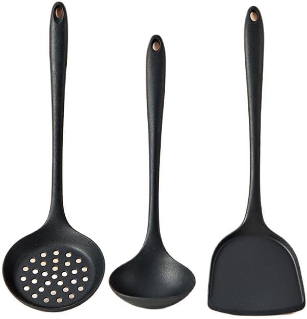 硅胶铲不粘锅耐高温盛饭汤锅铲厨具套装家用炒菜汤勺漏勺子 Stainless Steel Long handled soup spoons，Spoons,Meal spoon Household Cleaning，Kitchen Storage Essentials